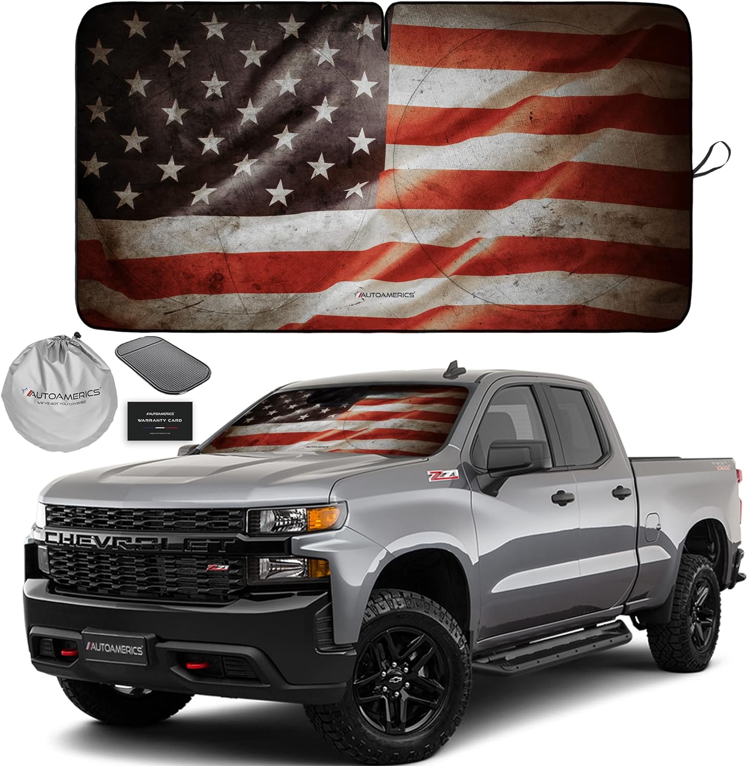 Autoamerics 1-Piece Windshield Sun Shade Grunge American Flag - 1 USA  - Foldable Car Front Window Sunshade for Most Sedans SUV Truck - Blocks Max UV Rays and Keeps Your Vehicle Cool - Large