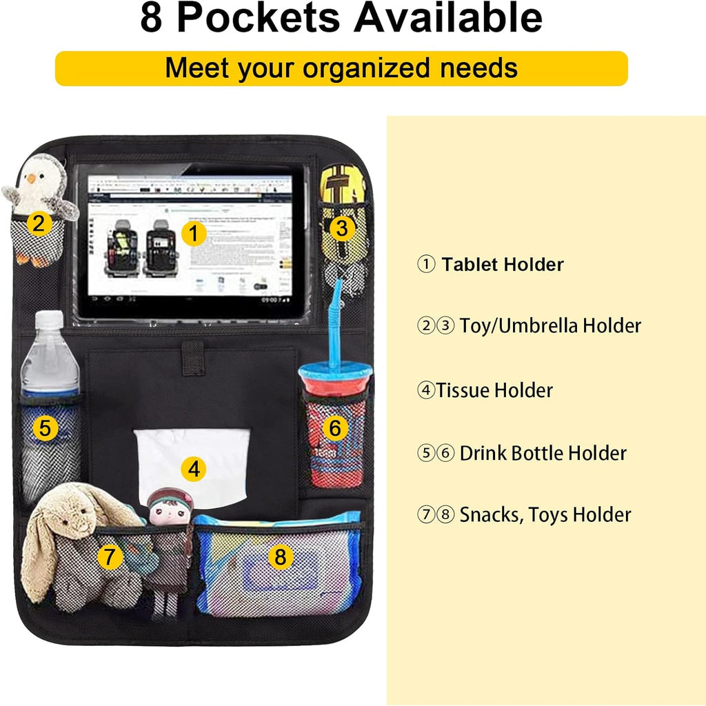 Backseat Car Organizer 2 PCS,Car Storage Organizer with Touch Tablet Holder Tissue Box Seat Back Protectors with 8 Storage Pockets Earphone/Charging Hole,Travel Accessories,Road Trip Essential Kids