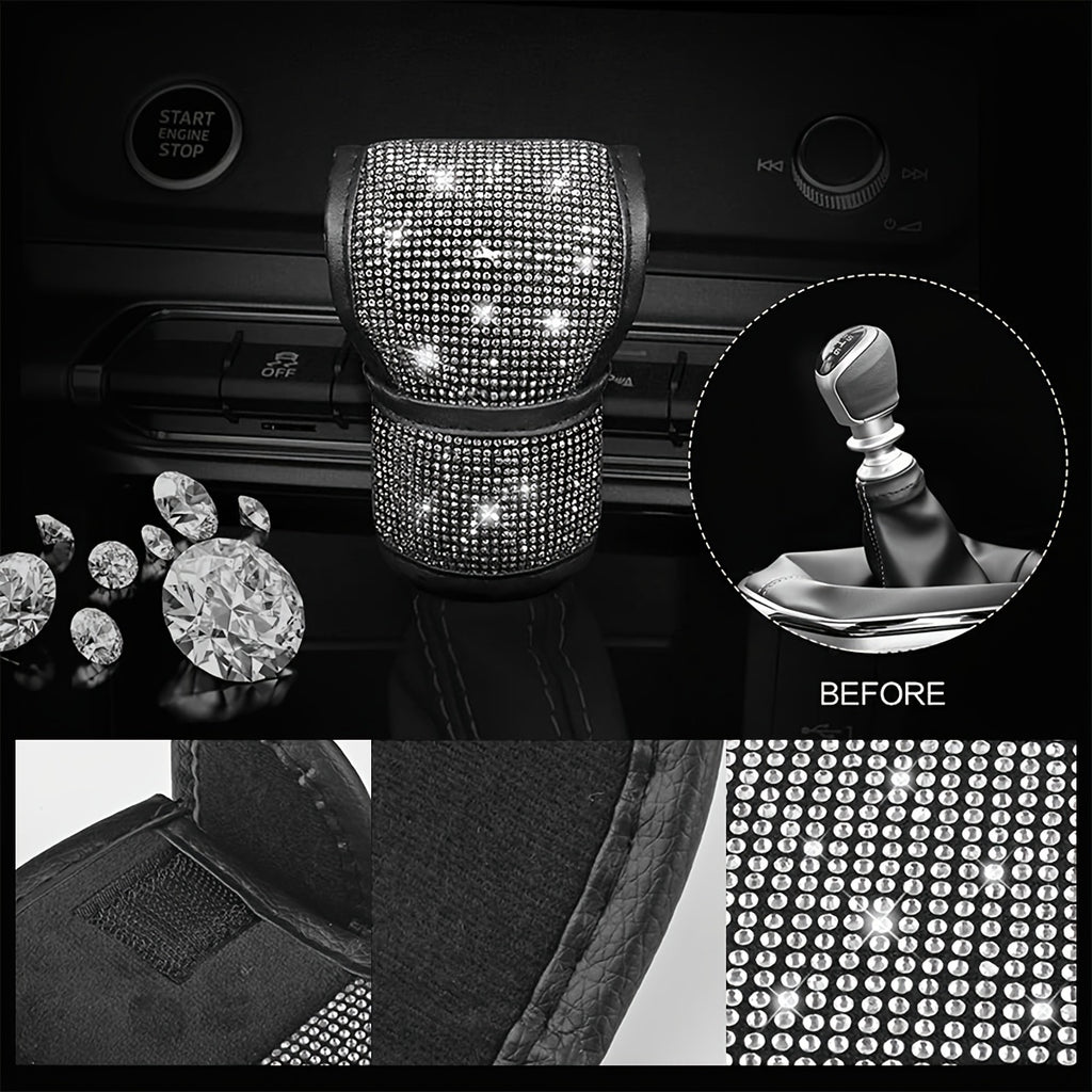 7Pcs/Set Car Decoration Kit, White Artificial Diamond Car Steering Wheel Cover, Center Console Cover Pad, Gear Shift Cover, Ignition Ring, Car Coaster