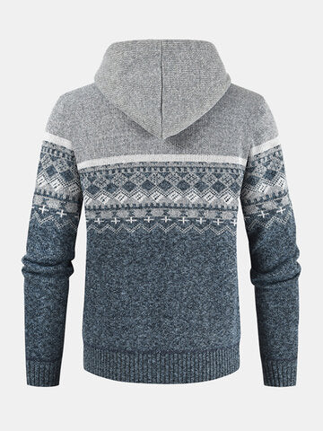 mens ethnic style knitted woolen zipper drawstring hooded sweater cardigan