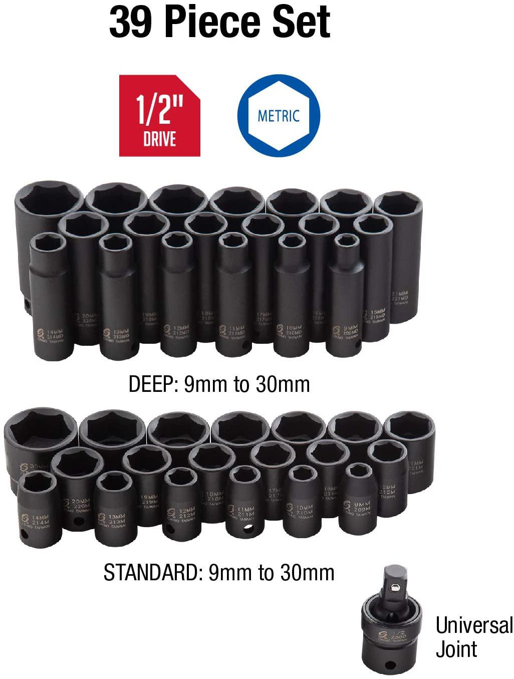 Sunex 2669, 1/2 Inch Drive  Impact Socket Set, 39-Piece,, 9mm-30mm, Standard/Deep, Cr-Mo Steel, Radius Corner , Dual Size Markings, Heavy Duty StoraCase