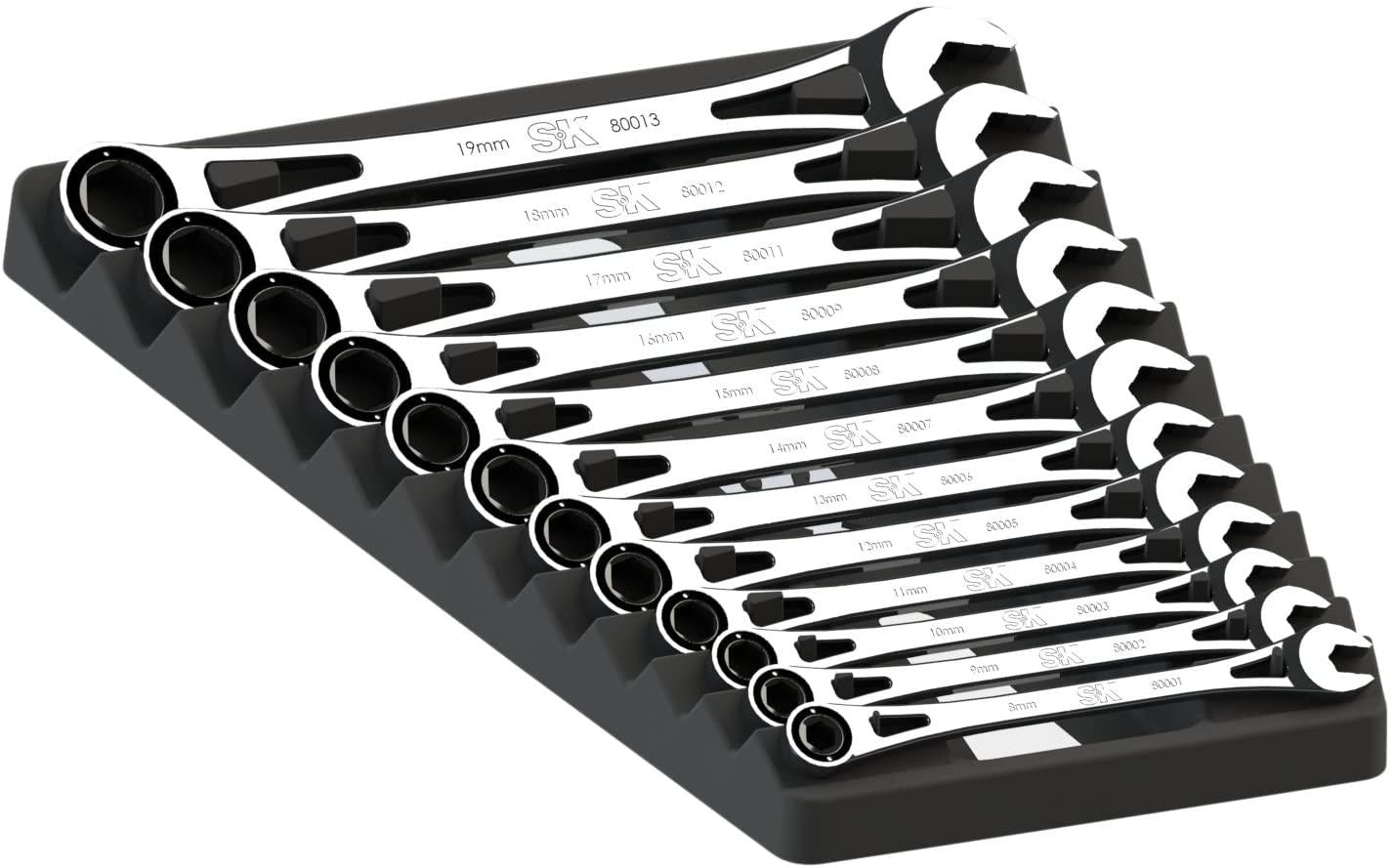 SK Hand Tool 80019 12 Piece X-frame 6 Point Metric Fractional Combination Steel Ratcheting Wrench Set, Chrome, 1.7° Arc Swing, 216 Positions, Made in America