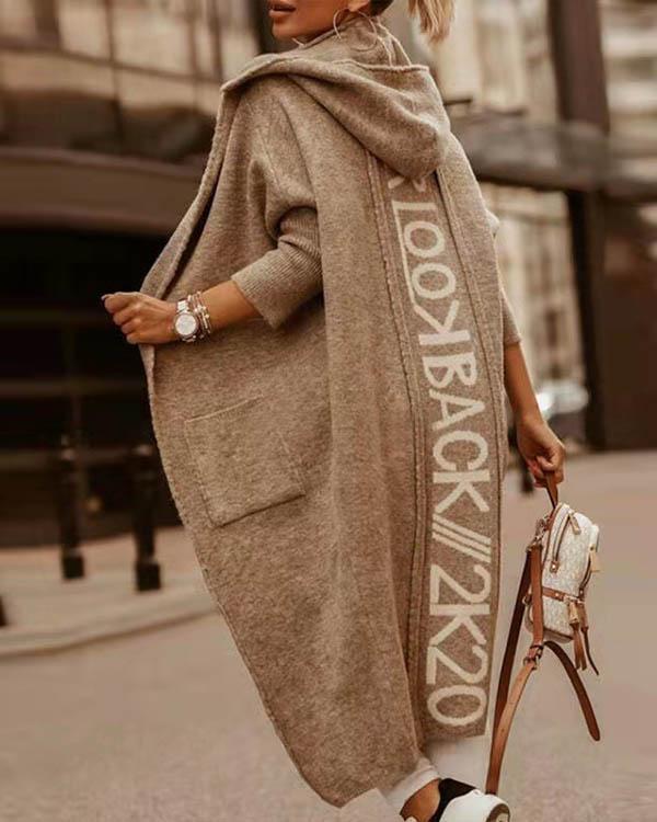 comfy warm outerwear solid color letter print pocket hooded casual cardigan