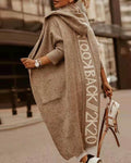 comfy warm outerwear solid color letter print pocket hooded casual cardigan