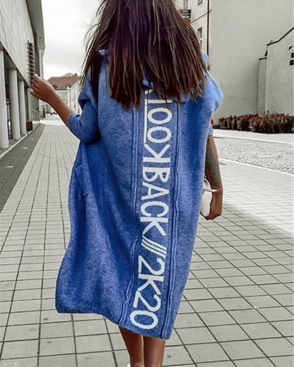 comfy warm outerwear solid color letter print pocket hooded casual cardigan