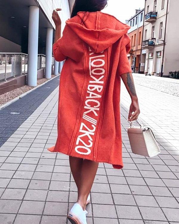 comfy warm outerwear solid color letter print pocket hooded casual cardigan