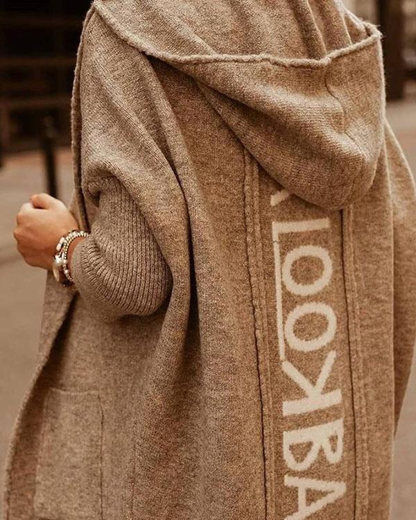 comfy warm outerwear solid color letter print pocket hooded casual cardigan