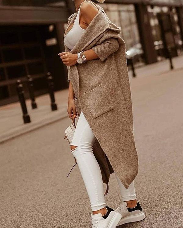 comfy warm outerwear solid color letter print pocket hooded casual cardigan