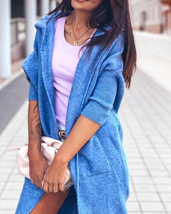 comfy warm outerwear solid color letter print pocket hooded casual cardigan