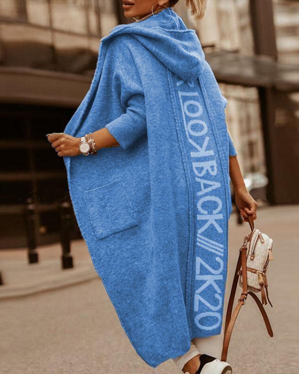 comfy warm outerwear solid color letter print pocket hooded casual cardigan