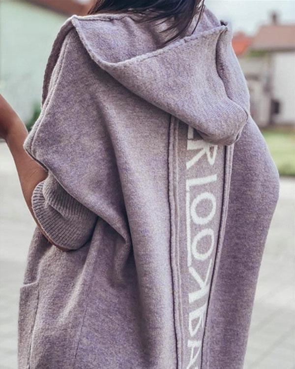 comfy warm outerwear solid color letter print pocket hooded casual cardigan