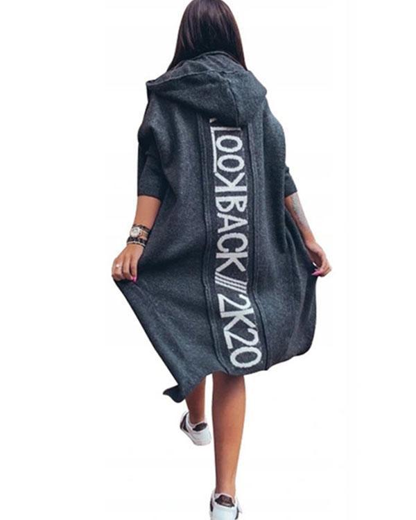 comfy warm outerwear solid color letter print pocket hooded casual cardigan