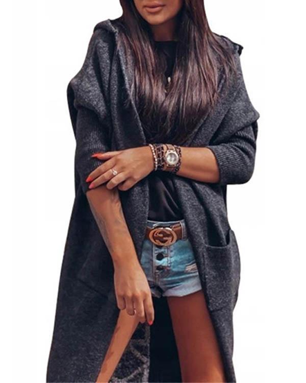 comfy warm outerwear solid color letter print pocket hooded casual cardigan