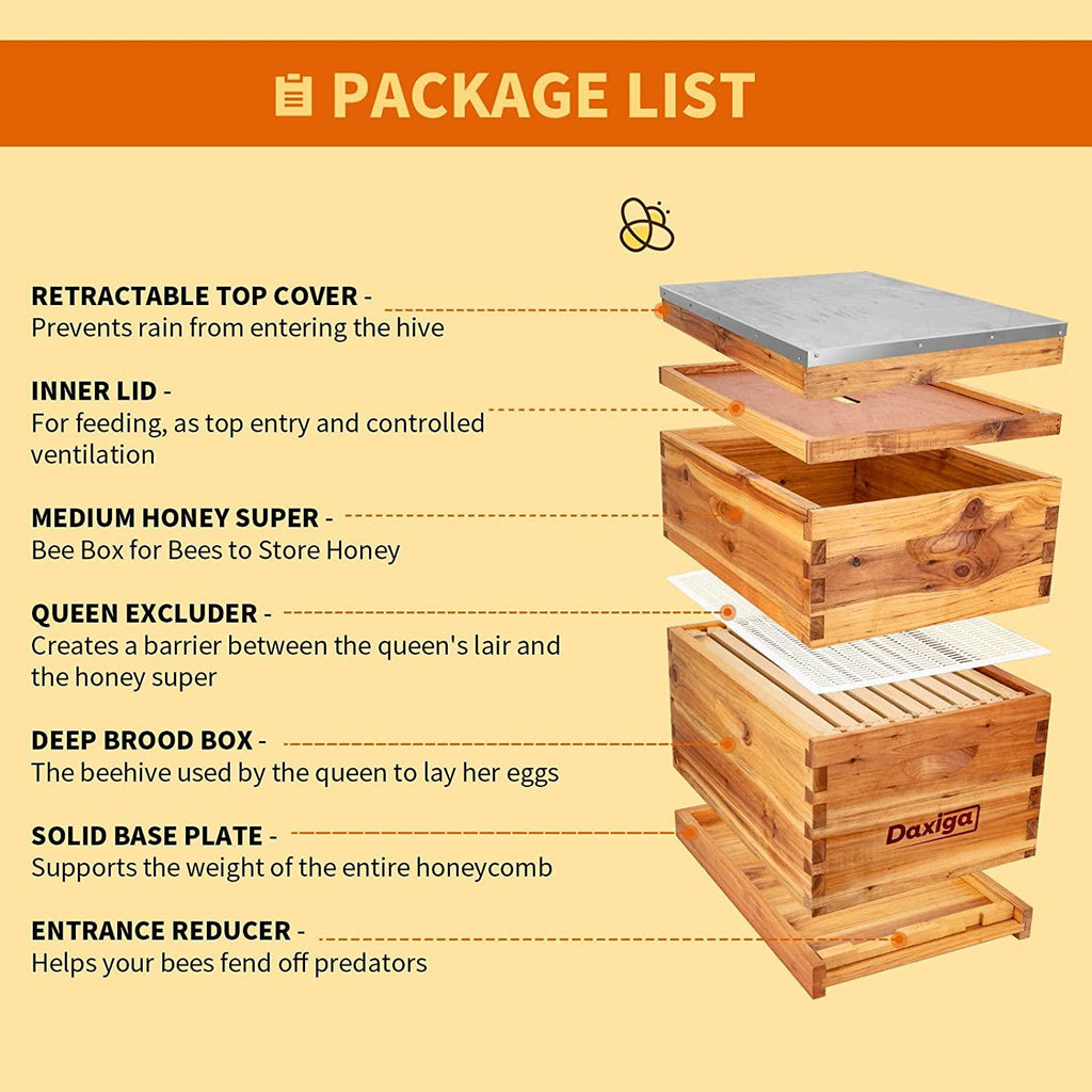 Bee Hive Complete Beehive Kit, Daxiga 10 Frame Beeswax Coated Bee Hive Includes Frames and Beeswax Coated Foundation Sheet (2 Layer)
