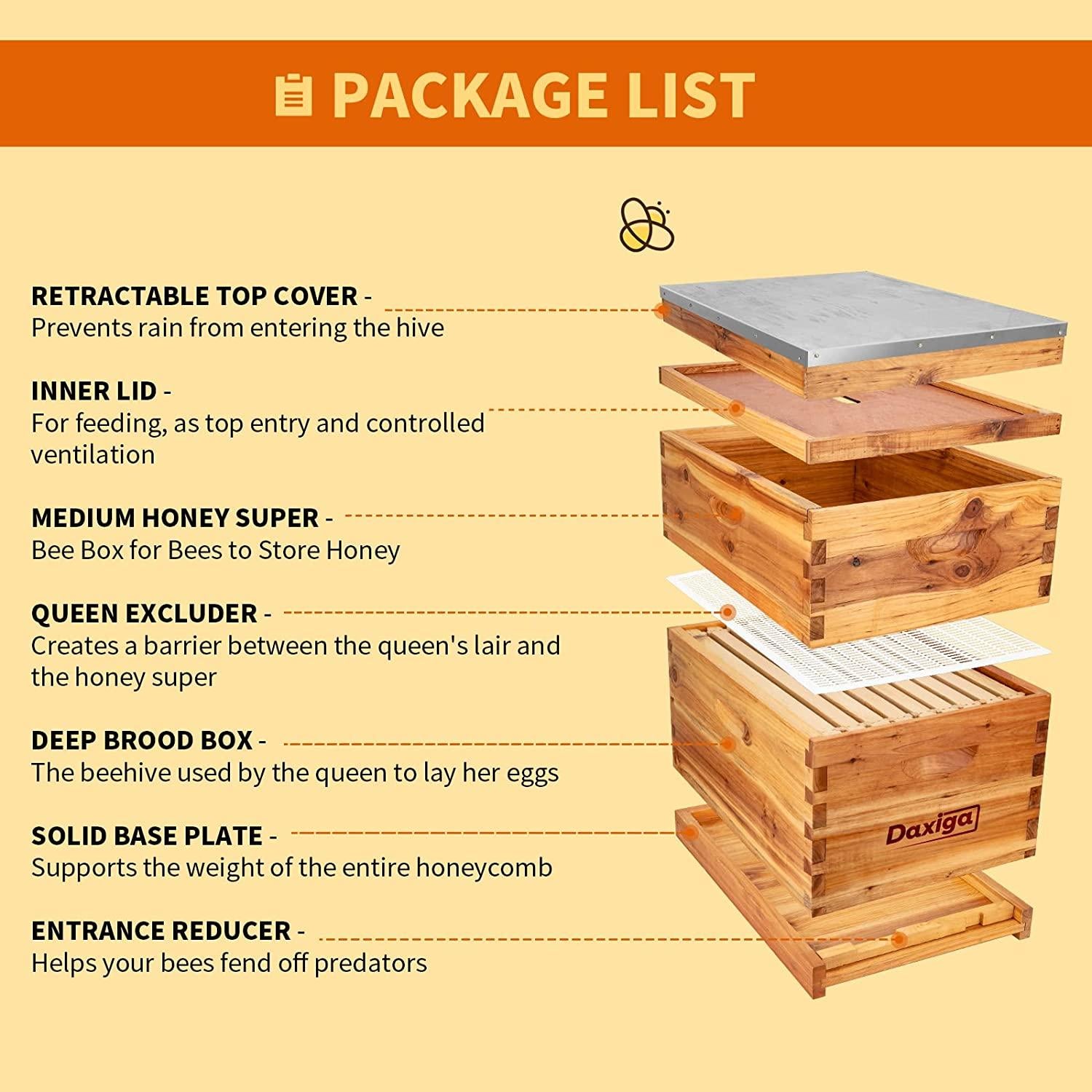 Bee Hive Complete Beehive Kit, Daxiga 10 Frame Beeswax Coated Bee Hive Includes Frames and Beeswax Coated Foundation Sheet (2 Layer)