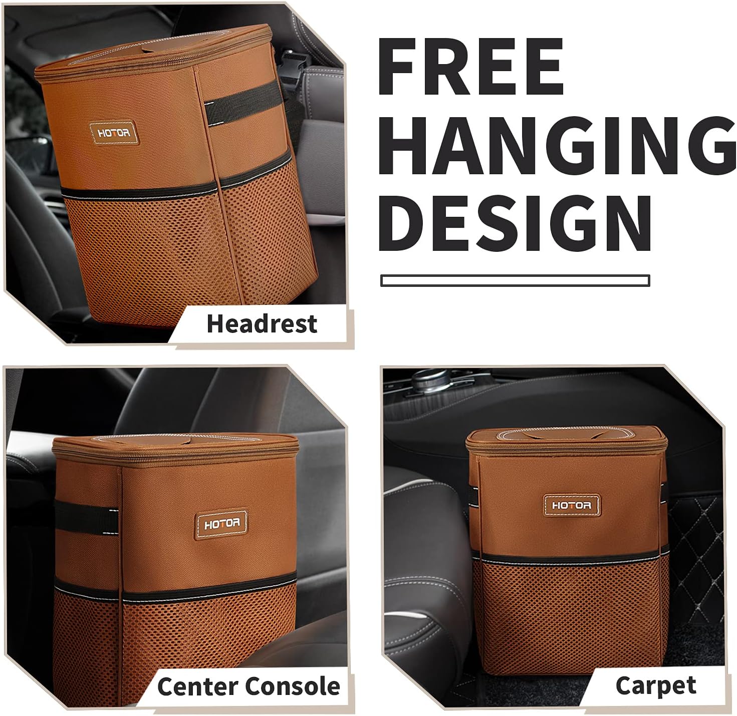 HOTOR Car Trash Can, Multifunctional Car Accessory for Interior Car Stuff Storage with Compact Design, Waterproof Car Organizer and Storage with Adjustable Straps, Magnetic Snaps (Brown)