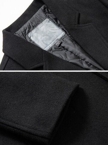 mens pure color lapel single breasted warm casual long woolen overcoats