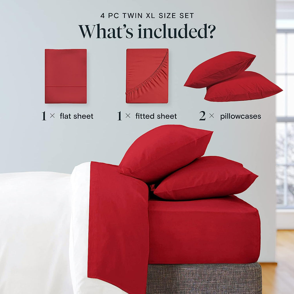 LuxClub Twin XL Sheets Set - Soft Twin Bed Sheets for Boys and Girls, 4 PC Deep Pockets 18" Eco Friendly Wrinkle Free Kids Fitted Sheets Machine Washable Hotel Bedding Silky Soft - Red Twin XL