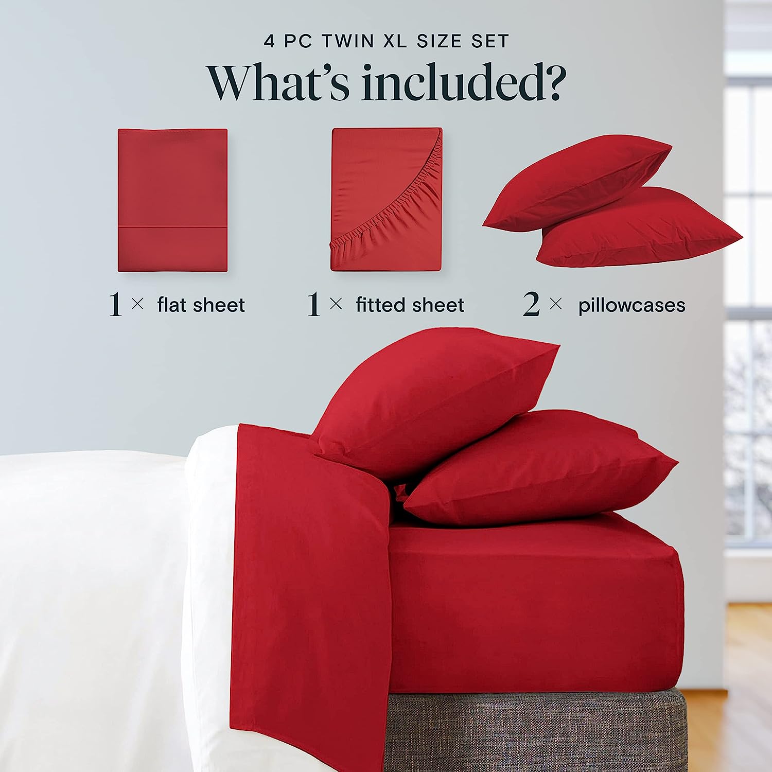 LuxClub Twin XL Sheets Set - Soft Twin Bed Sheets for Boys and Girls, 4 PC Deep Pockets 18" Eco Friendly Wrinkle Free Kids Fitted Sheets Machine Washable Hotel Bedding Silky Soft - Red Twin XL