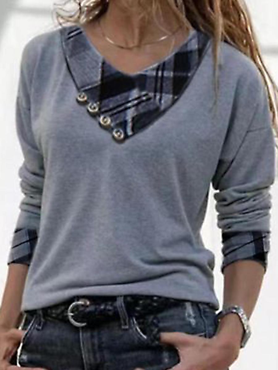 Women's Casual Plaid Stitching Long-sleeved T-shirt