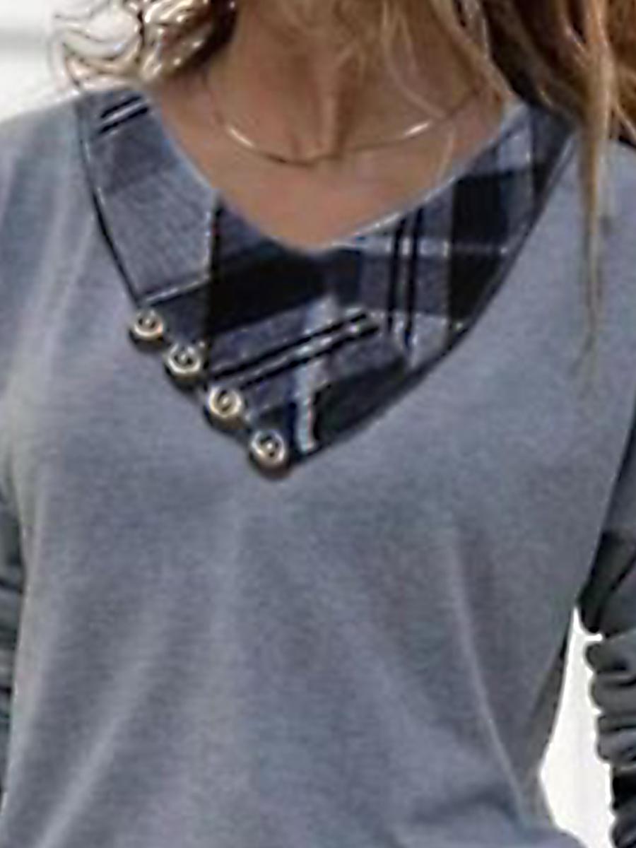 Women's Casual Plaid Stitching Long-sleeved T-shirt