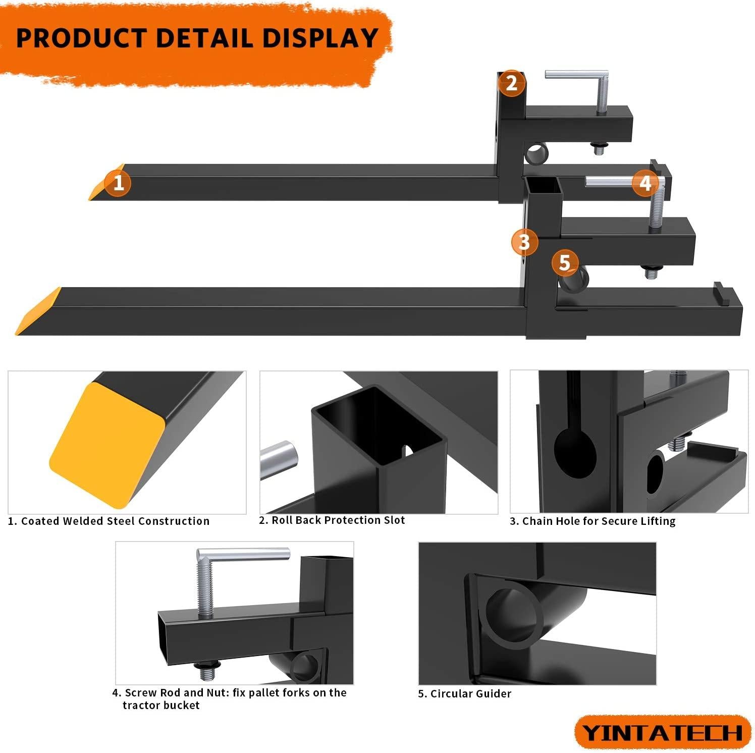 YINTATECH Clamp on Pallet Forks 43” Pallet Forks 1500lbs Heavy Duty for Loader Bucket Skid Steer Tractor