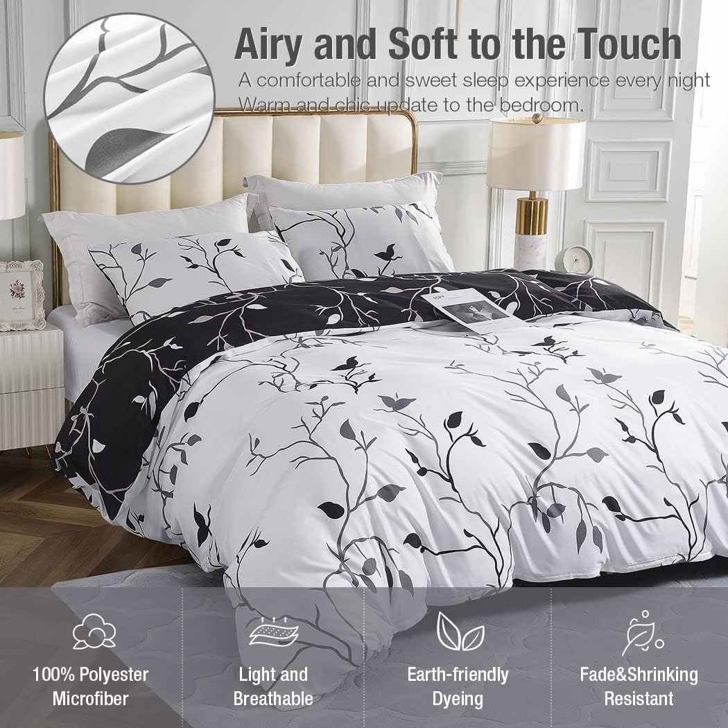 Lekesky Reversible Duvet Cover King Size, White Black Tree Branch Pattern Comforter Cover King 3pc Super Soft Microfiber Breathable Botanical Bedding Sets with Zipper Ties