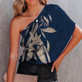 Fashion Leaf Print Satin One Shoulder Drape Blouse Women