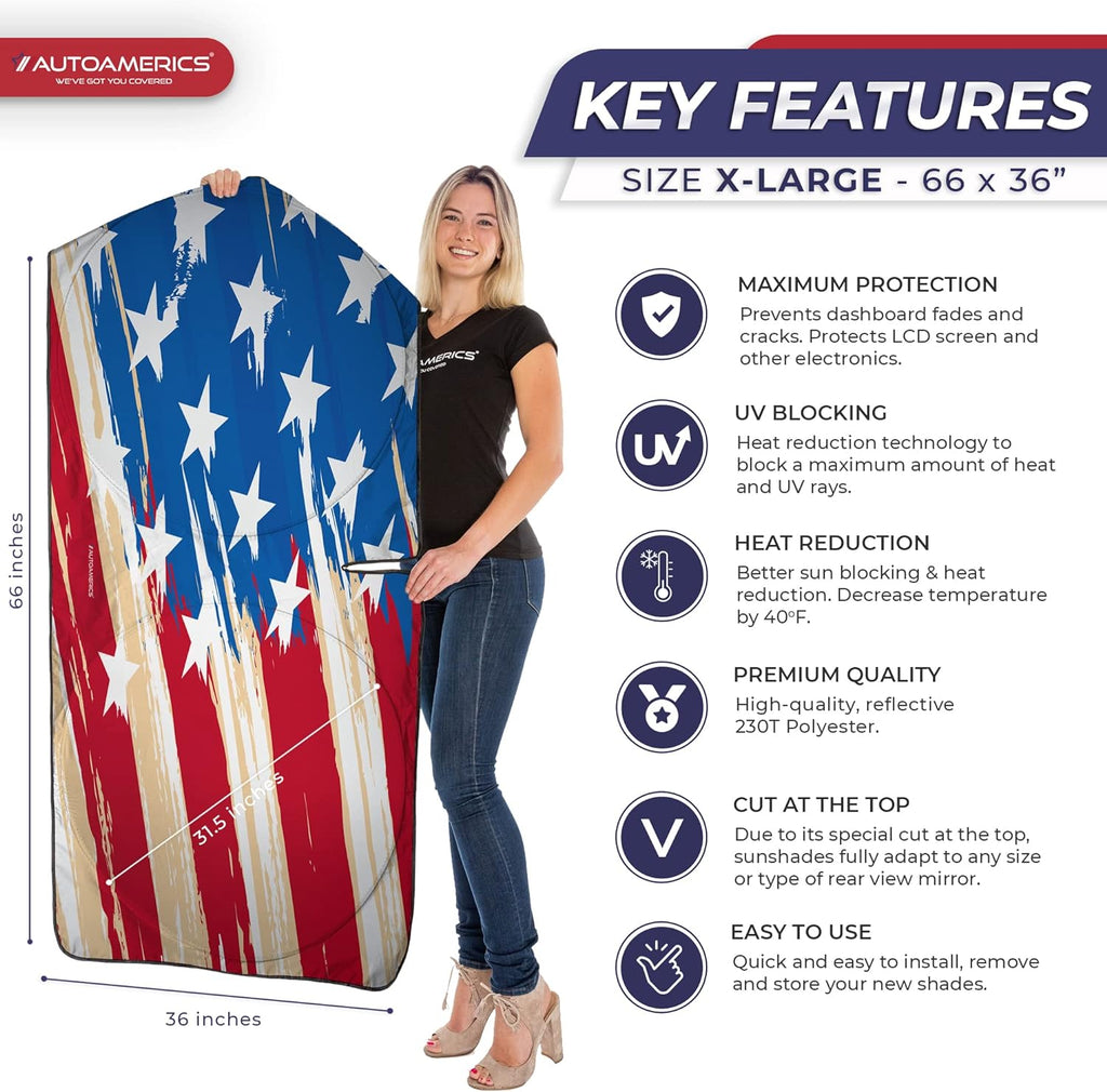 Autoamerics 1-Piece Windshield Sun Shade USA Art Flag - 1 American  - Foldable Car Front Window Sunshade for Most Sedans SUV Truck - Blocks Max UV Rays and Keeps Your Vehicle Cool - X-Large