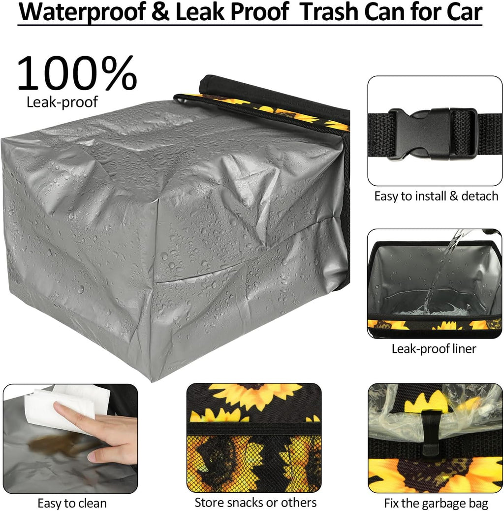ELONGRIVER Car Trash Can Bin for Car Back Seat Leak Proof, Cute Car Trash Bag Hanging, Vehicle Trash Can for SUV Truck Van, Automotive Car Garbage Cans Front Seat Sunflower