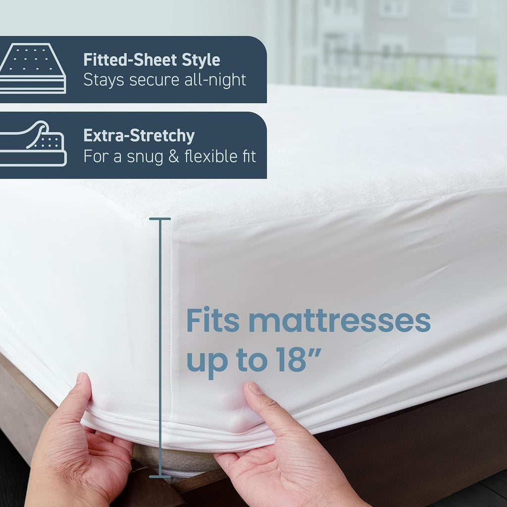 SafeRest Mattress Protector - Queen Size Cotton Terry Waterproof Mattress Protector, Breathable Fitted Mattress Cover with Stretchable Pockets