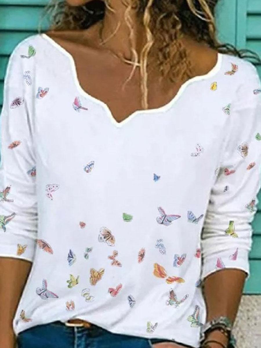 V-neck Butterfly Print Loose Long Sleeve T-shirt