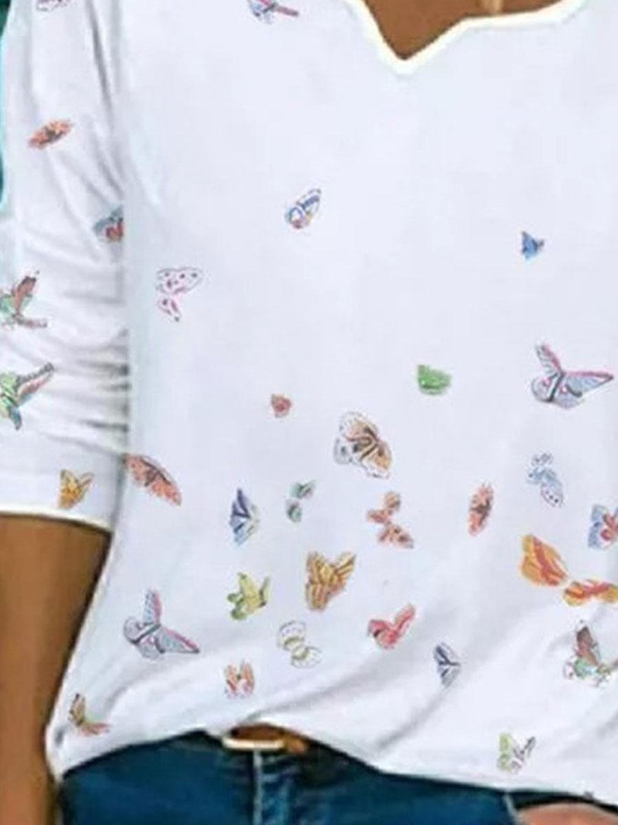 V-neck Butterfly Print Loose Long Sleeve T-shirt