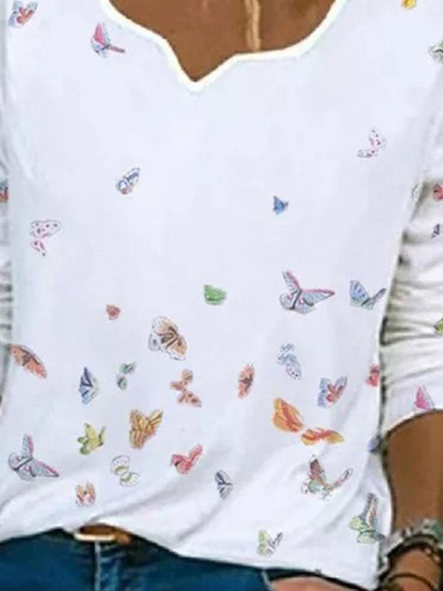 V-neck Butterfly Print Loose Long Sleeve T-shirt