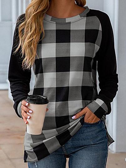 Ladies Stitching Plaid Long-sleeved Round Neck T-shirt