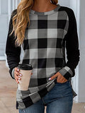Ladies Stitching Plaid Long-sleeved Round Neck T-shirt