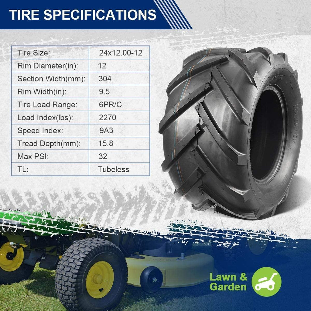 MaxAuto 2 Pcs Super Lug 24x12.00-12 24X12.00X12 Lawn Tractor Tires Very Wide 6 Ply Rated