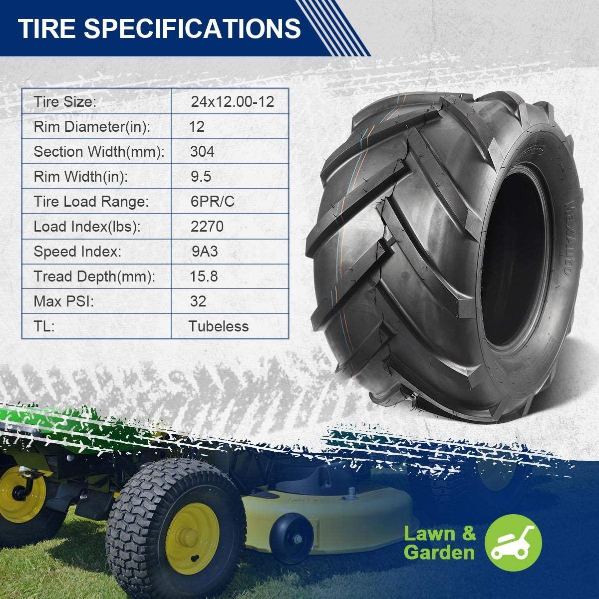 MaxAuto 2 Pcs Super Lug 24x12.00-12 24X12.00X12 Lawn Tractor Tires Very Wide 6 Ply Rated