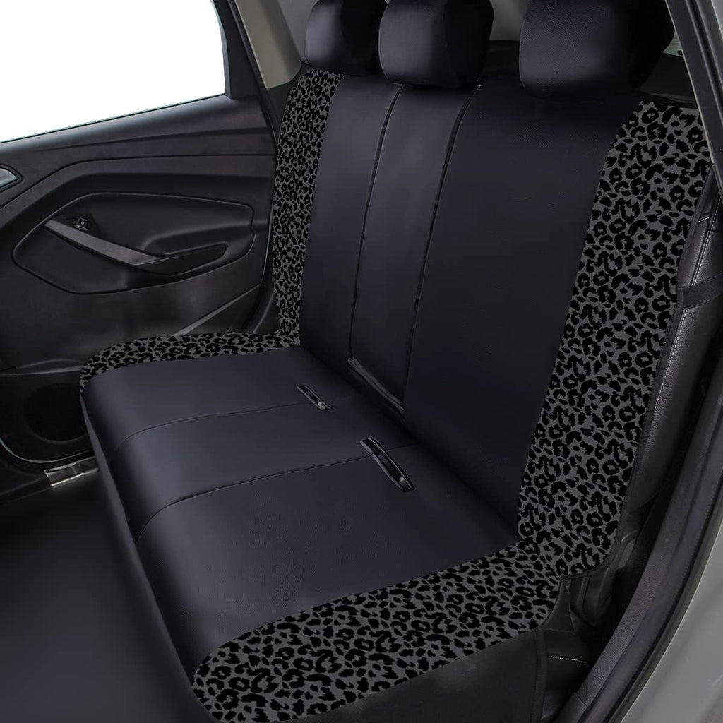 Flying Banner car seat Covers Protects Gray Leopard Printing Velvet Faux Leather Carbon Fiber Front and Rear Bench Full Set (Leopard Gray Black, Full Set - 8PCS)