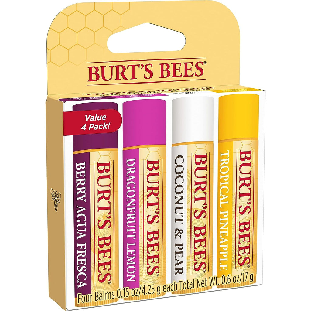 Burt's Bees Lip Balm, Moisturizing Lip Care for All Day Hydration, 100% Natural, Tropical - Pineapple, Berry Agua Fresca, Dragon Fruit &amp; Coconut &amp; Pear (4 Pack)