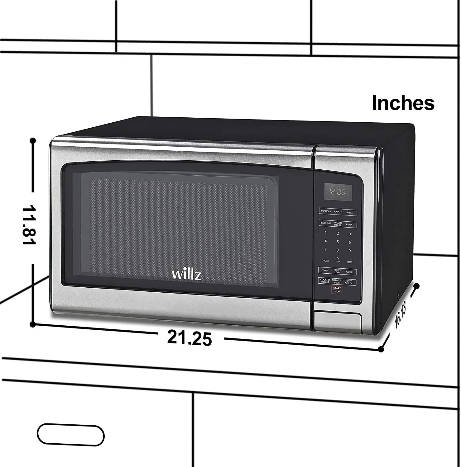 Willz WLCMJ411S2-10 Countertop Microwave Oven, 6 CooPrograms, LED Lighting Push Button, 1.1 Cu.Ft,  Steel