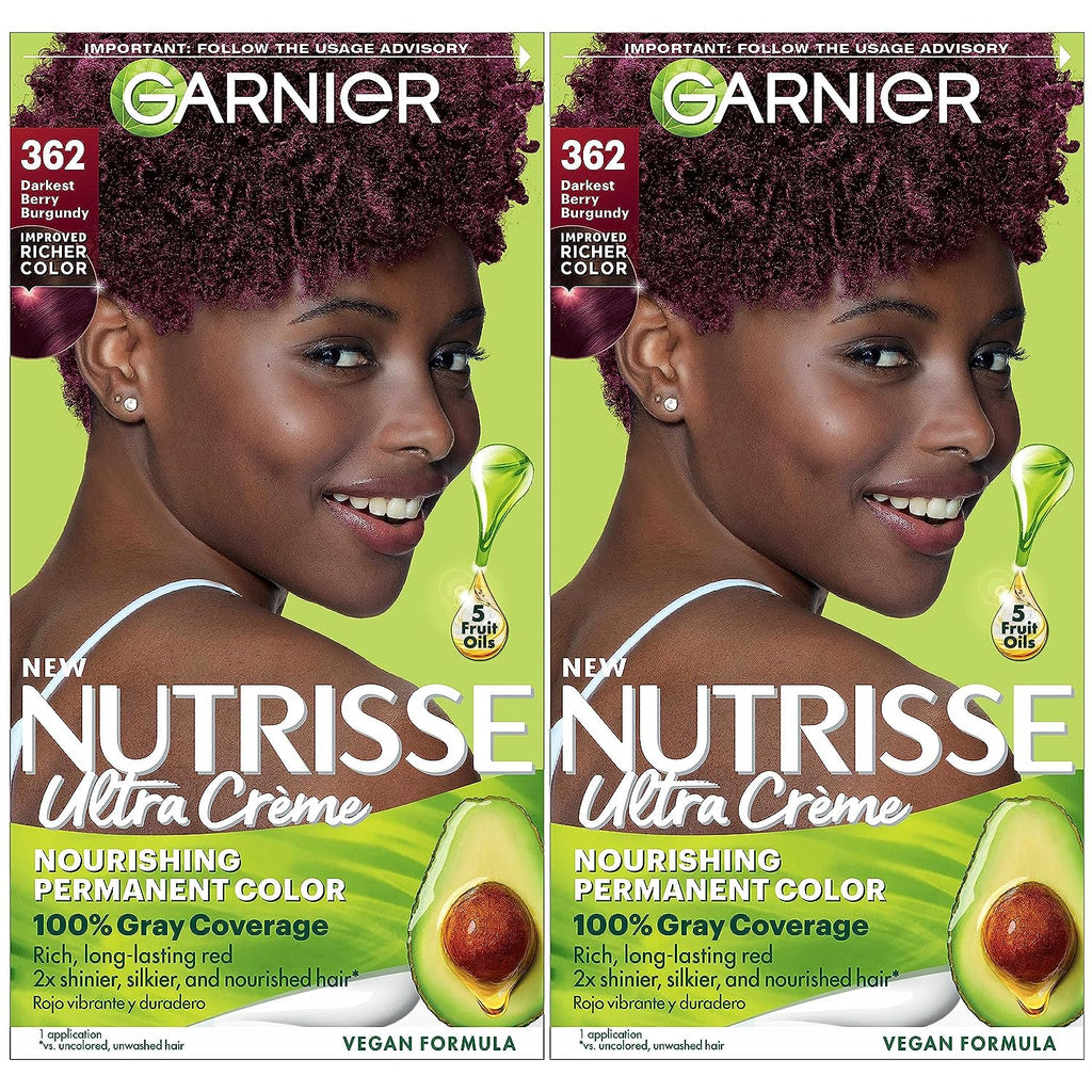 Garnier Hair Color Nutrisse Nourishing Creme, 362 Darkest Berry Burgundy (Raspberry Jam) Red Permanent Hair Dye, 2 Count (Packaging May Vary)