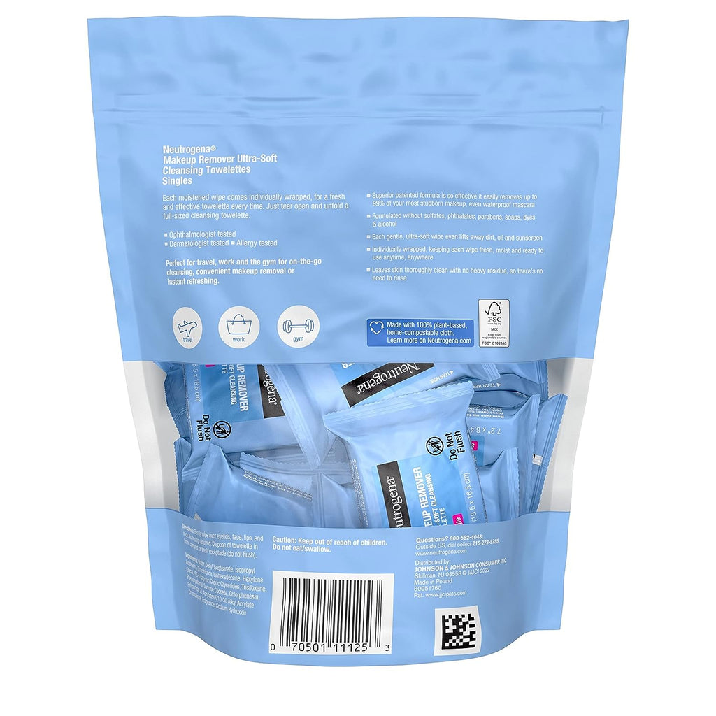 Neutrogena Makeup Remover Wipes Singles, Daily Facial Cleanser Towelettes, Gently Removes Oil &amp; Makeup, Alcohol-Free Makeup Wipes, Individually Wrapped, 20 ct