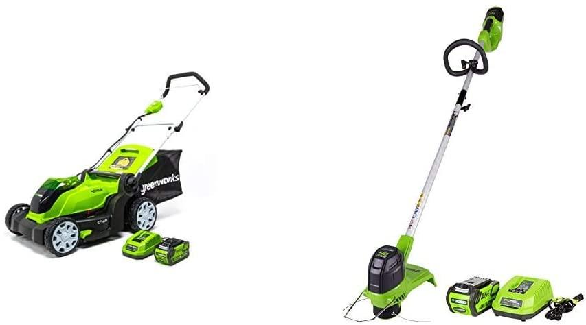 Greenworks G-MAX 40V 17'' Brushed Mower with 4Ah Battery and Charger - 2508302 Model & 12-Inch 40V Cordless String Trimmer, 2.0Ah Battery and Charger Included 2101602