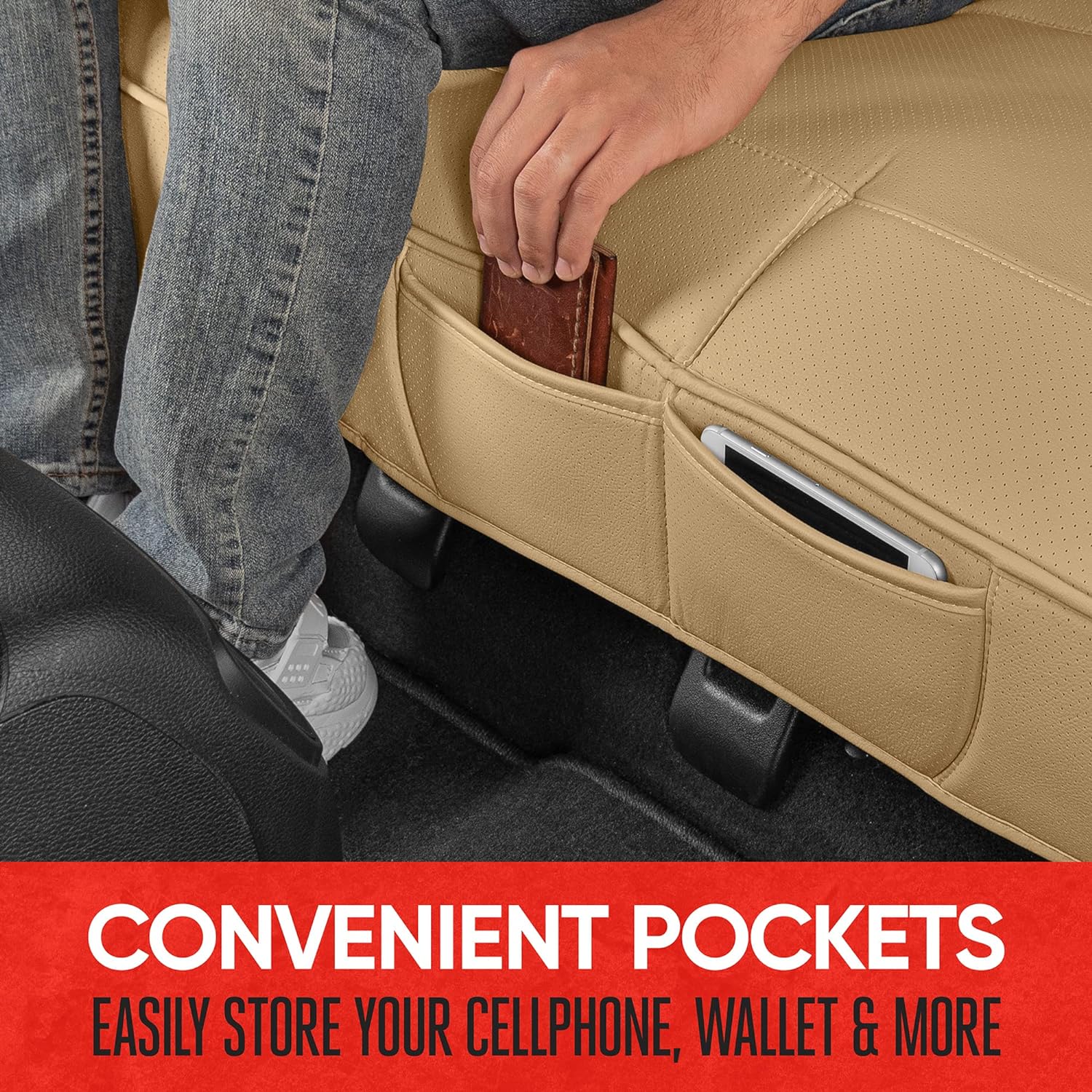 Motor Trend Seat Cover for Cars Trucks SUV, Faux Leather Rear Bench Beige Padded Car Seat Cover with Storage Pockets, Premium Interior Car Seat Cover