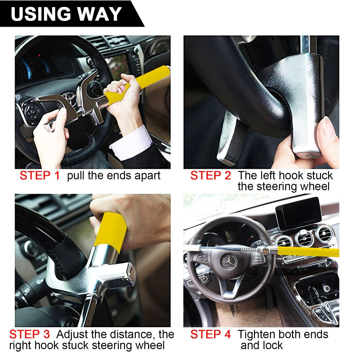 Tevlaphee Steering Wheel Lock Anti Theft Car Device Universal Car Theft Prevention Car Lock Adjustable Double Hook Emergency Hammer Window Breaker Self Defense Heavy Duty Secure (Yellow)