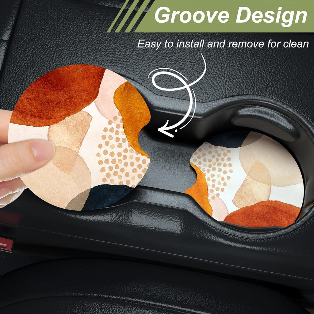 Nipichsha Car Cup Holder Coasters, Car Coasters for Cup Holders, 2 Pack Anti Slip Insert Coasters, Rubber Car Cup Mat with A Finger Notch, Cute Car Interior Accessories for Women (Simple Abstract Art)