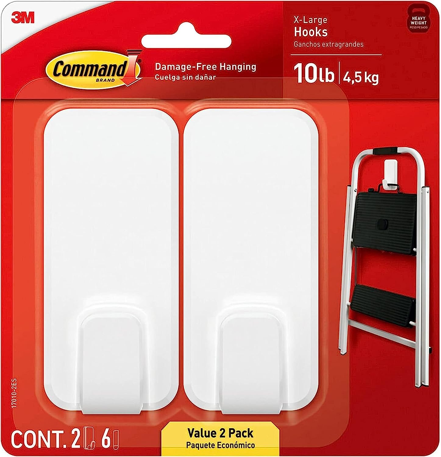 Command 10 Lb XL Heavyweight Wall Hook, White, Damage Free Decorating, 2 Command Hooks