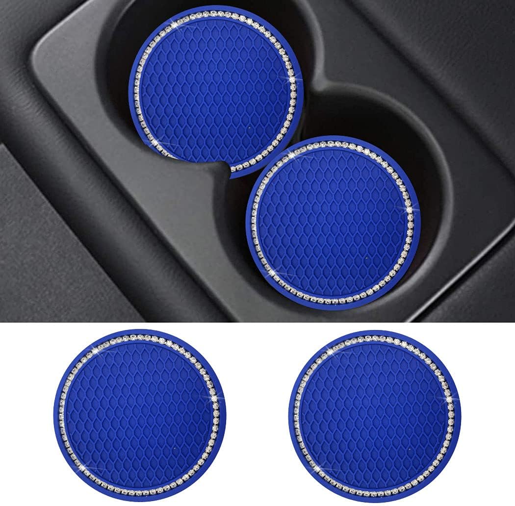 Universal Vehicle Bling Travel Auto Cup Holder Insert Coasters,2.75 Inch Crystal Rhinestone Car Interior Accessories Durable Anti Slip Silicone Car Coasters (Pack of 2) (Blue)