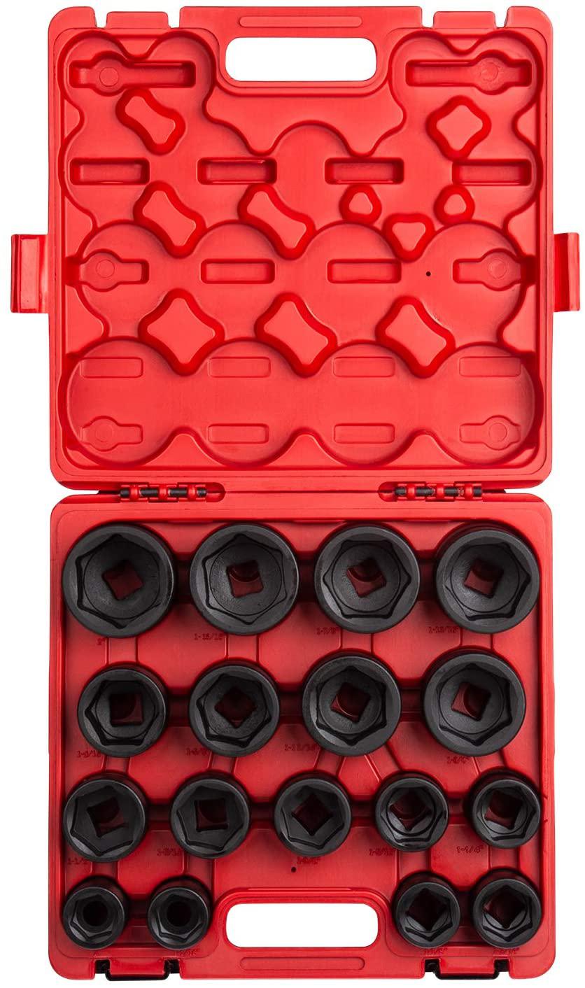 Sunex 4683, 3/4 Inch Drive Heavy Duty Impact Socket Set, 17-Piece, SAE, 1"-2", Cr-Mo Alloy Steel, Radius Corner , Dual Size Markings, Heavy Duty StoraCase